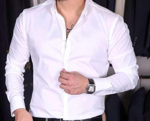 عکس پیراهن سفید مجلسی مردانه طرح دار