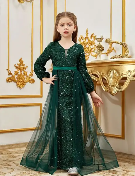 عکس لباس مجلسی عروسکی بلند سبز