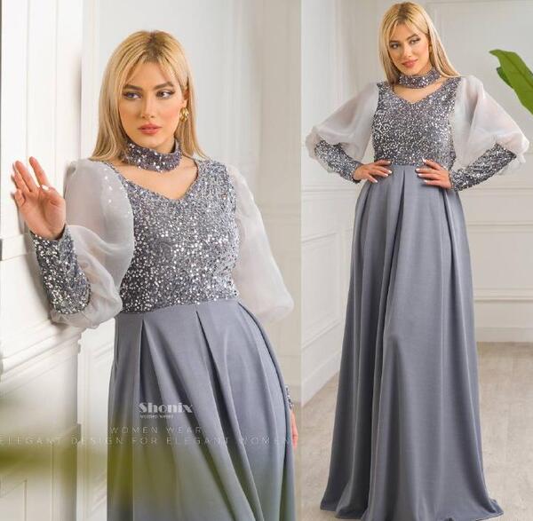 عکس لباس مجلسی طوسی زنانه