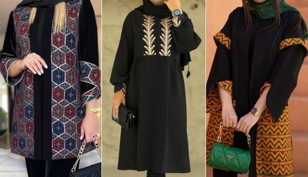 عکس مدل مانتو مشکی ترکیبی با پارچه سوزن دوزی