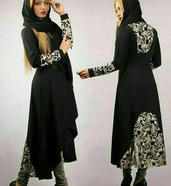 عکس مدل مانتو مشکی ترکیبی با حریر