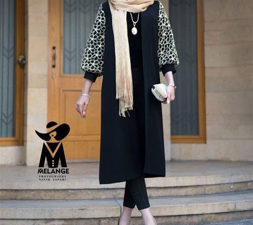 عکس مدل مانتو جلو باز ژاکارد مشکی