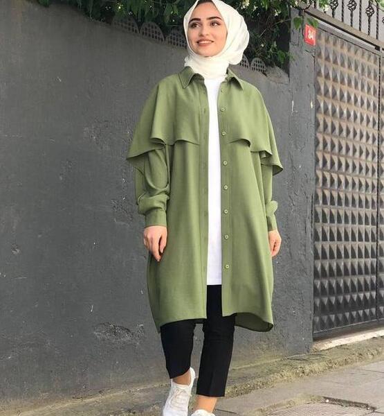 عکس مدل مانتو بلند رنگ سبز یشمی