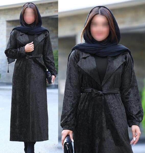 عکس مدل مانتو مخمل مشکی بلند جلو بسته