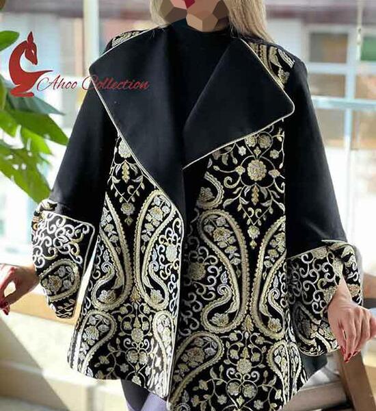 عکس مدل مانتو بلند با پارچه سوزن دوزی هندی