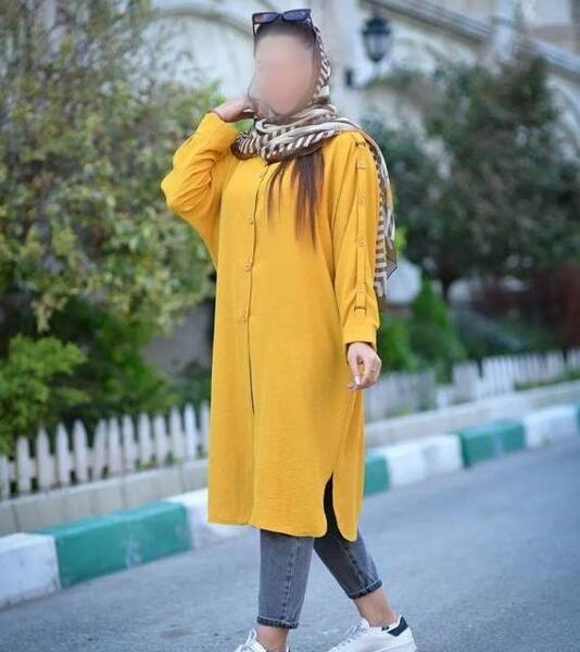 عکس مدل مانتو بلند جلو بسته با پارچه ابروبادی