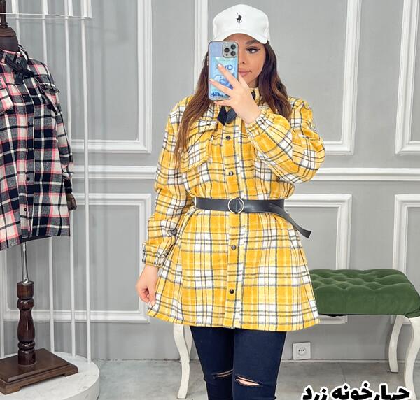 عکس مدل مانتو چهارخونه زرد و طوسی