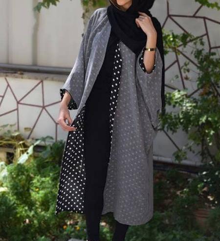 عکس مدل مانتو خاکستری ترکیبی