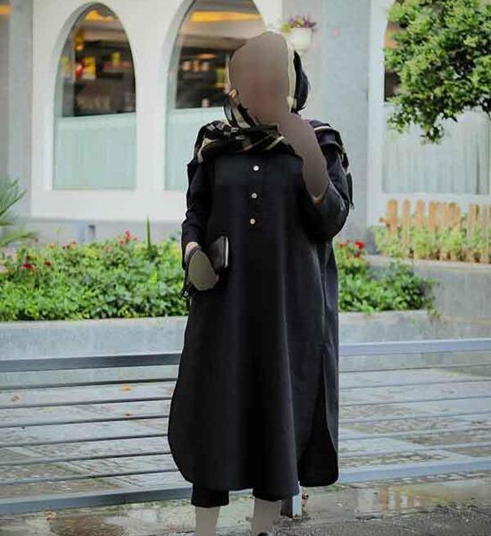 عکس مانتو مشکی بلند دکمه دار