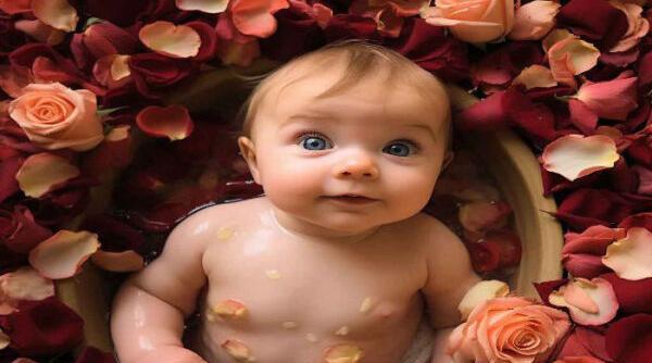 مدل عکس نوزاد با گل محمدی