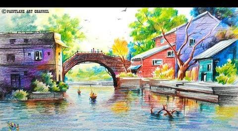 عکس نقاشی منظره با مداد رنگی