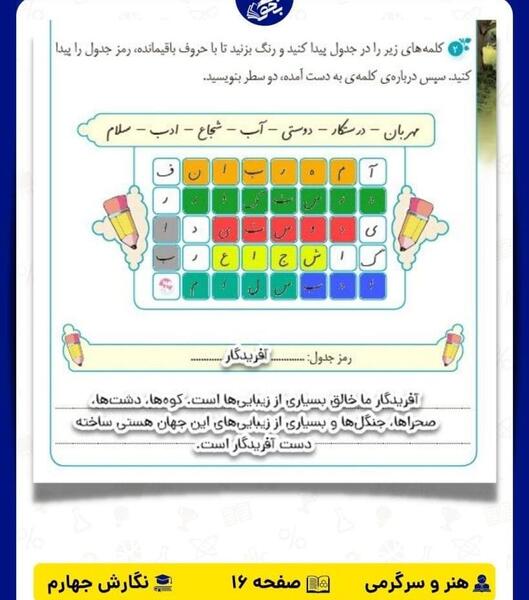 عکس کتاب نگارش چهارم دبستان با جواب