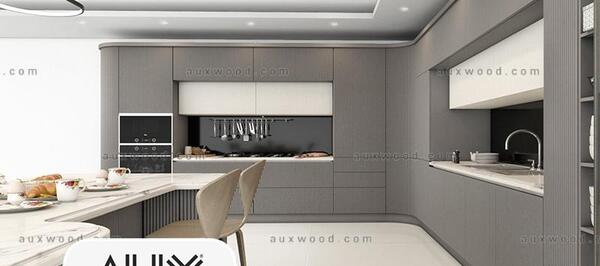 عکس کابینت آشپزخانه سفید و طوسی