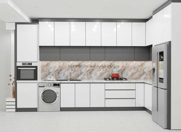 عکس کابینت آشپزخانه سفید و طوسی