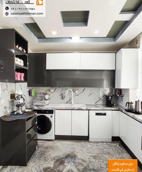 عکس کابینت آشپزخانه سفید و طوسی