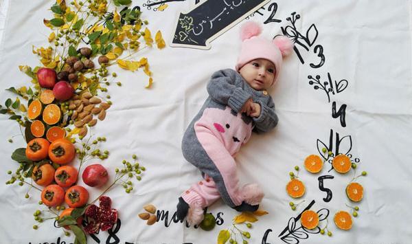عکس ماهگرد نوزاد با میوه