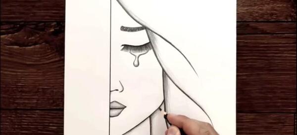 عکس نقاشی دختر غمگین ساده