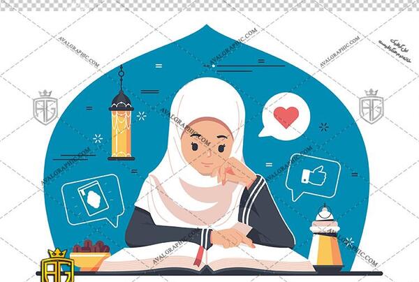 عکس دختر با حجاب در حال درس خواندن کارتونی