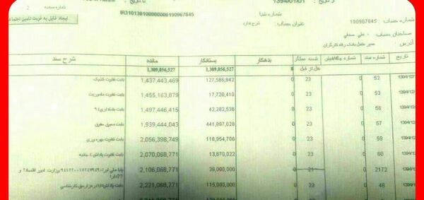 عکس فیش حقوقی مدیرعامل بانک رفاه