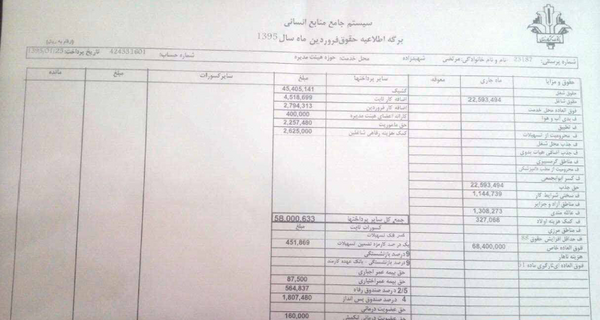 عکس فیش حقوقی مدیرعامل بانک رفاه
