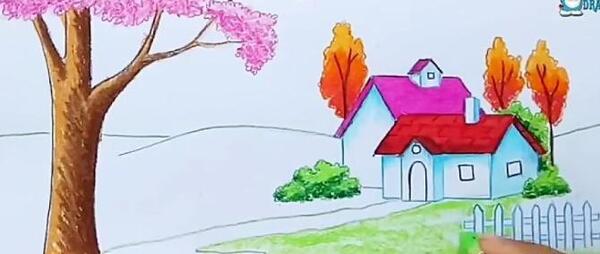 عکس نقاشی طبیعت ساده با مداد رنگی