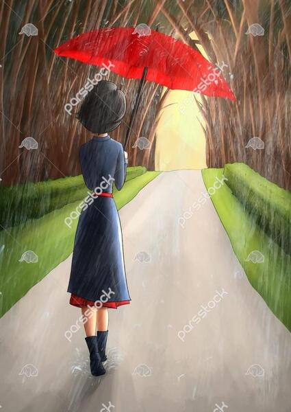 عکس نقاشی دختر در باران ساده