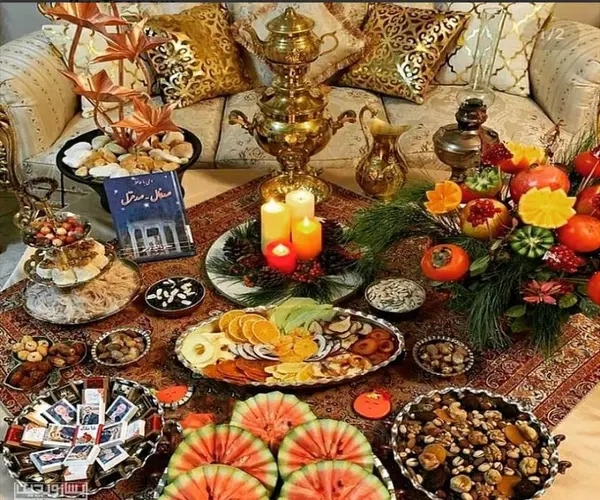 عکس سفره شب یلدا با ظروف مسی
