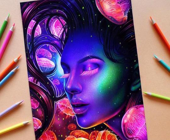 عکس نقاشی دختر فانتزی با مداد رنگی