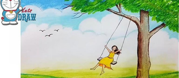 عکس نقاشی دختر روی تاب