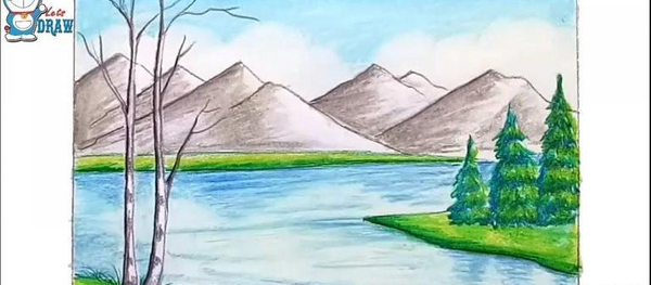 عکس طرح نقاشی با مداد رنگی منظره ساده