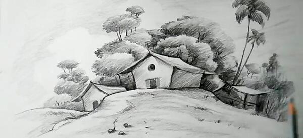عکس نقاشی سیاه قلم منظره ساده