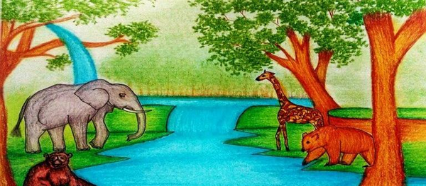 عکس نقاشی کودکانه جنگل حیوانات
