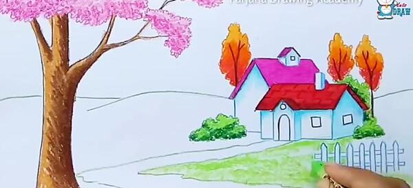 عکس نقاشی ساده طبیعت با مداد رنگی برای کودکان