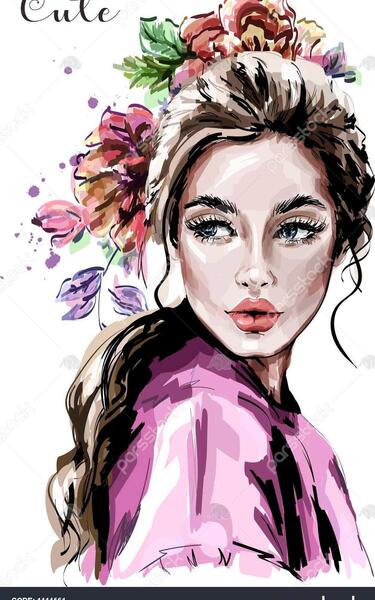 عکس نقاشی صورت زن با گل