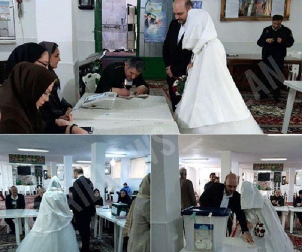 عکس عروس و داماد پای صندوق رای