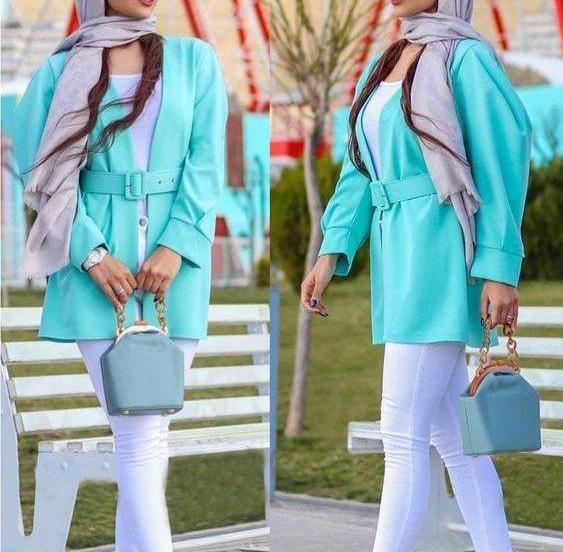عکس مدل مانتو جلو باز فیروزه ایی