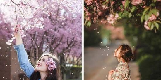 ژست عکس دخترانه با شکوفه های بهاری