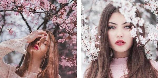 ژست عکس دخترانه با شکوفه های بهاری