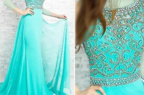 عکس لباس مجلسی کوتاه فیروزه ای