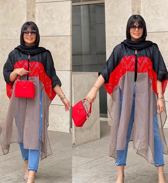 عکس مدل مانتو جلو باز قرمز مشکی