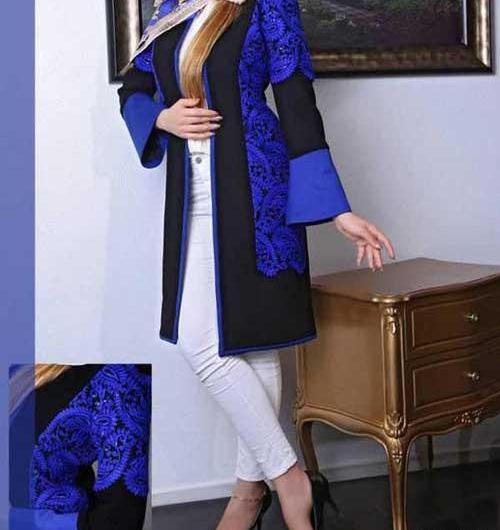 عکس مدل مانتو آبی کاربنی و زرد