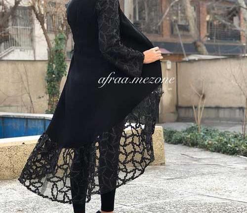 عکس مانتو بلند حریر مشکی مجلسی