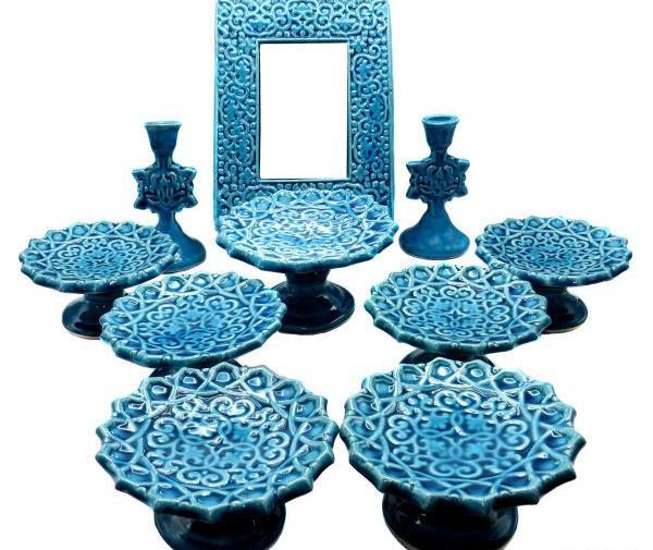عکس ایده تزیین سفره هفت سین با ظروف سفالی ابی